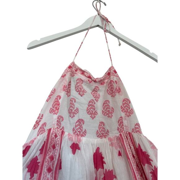 Oliphant Jaipur Medium Pink Floral Halter Smocked Midi Dress Cotton Boho Vacay - Picture 3 of 13